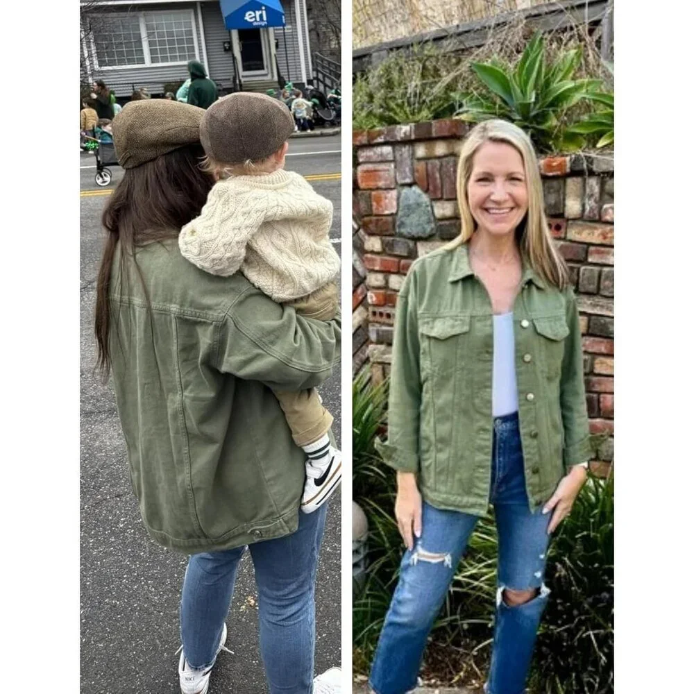 Women's Oversized Mid Long Denim Jacket Jean Biker Coat Long Sleeves Green - Picture 4 of 8